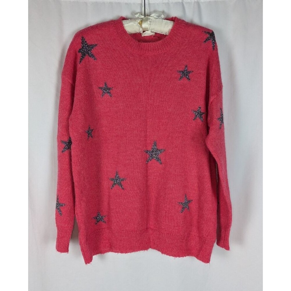 143 Story Red Metallic Star Knit Sweater S Silver Tinsel Crewneck Celestial
